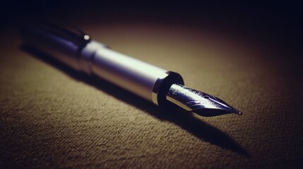 nib. Elegant fountain pen resting on a textured surface, captured from an overhead angle with warm lighting for a sophisticated look. lifestyle magazines.