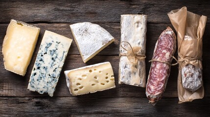 gorgonzola. Artfully arranged selection of fine cheeses and cured meats on a rustic wooden board, top-down view. menu design.