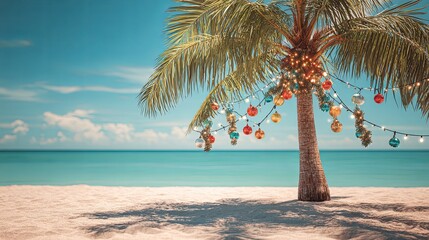 Tropical palm tree decorated with Christmas ornaments and garland lights on a sandy beach with turquoise ocean in the background. Exotic holiday celebration concept, summer Christmas atmosphere.