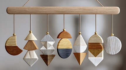 Geometric Baby Mobile with Earthy Tones and Warm Diffused Background
