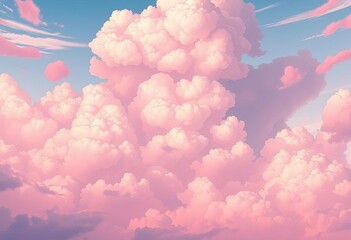 Vast, fluffy cumulus clouds dominate a vibrant anime-style sky, painted with soft pastel hues, dreamy, landscape