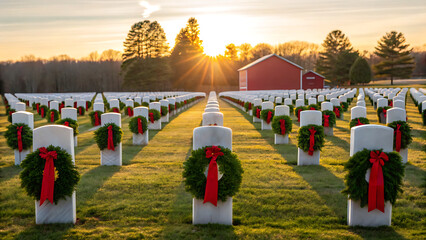 Rows of white gravestones adorned with festive red and green christmas wreaths at sunrise in a military cemetery