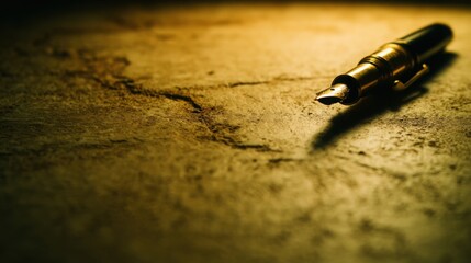 nib. Elegant fountain pen resting on a textured surface, captured from an overhead angle with warm lighting for a sophisticated look. lifestyle magazines.