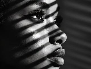 Woman Face in Shadows with Blinds Light