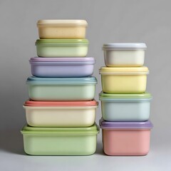 Stack of pastel colored food storage containers isolated on white background