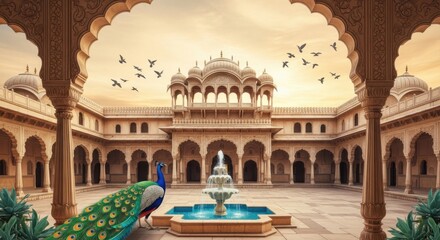 Elegant Indian Palace Courtyard with Fountain and Peafowl Under Warm Sky