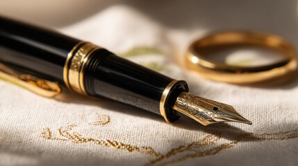 nib. Elegant fountain pen resting on a textured surface, captured from an overhead angle with warm lighting for a sophisticated look. lifestyle magazines.