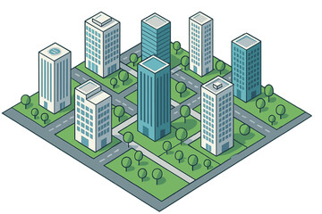 Obraz premium Contemporary cityscape featuring isometric skyscrapers and verdant spaces