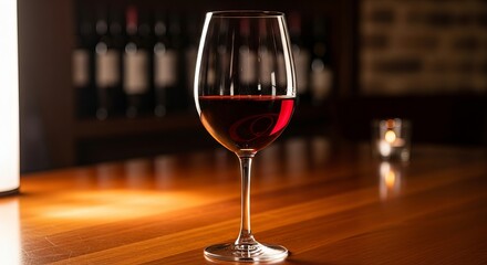 Elegant glass of red wine on a wooden table in a dimly lit bar