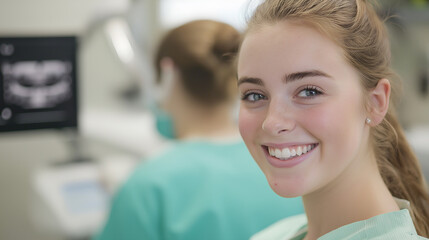 Obraz premium Portrait of a smiling woman at the dentist clinic with teeth and dental care emphasis
