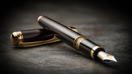 nib. Elegant fountain pen resting on a textured surface, captured from an overhead angle with warm lighting for a sophisticated look. lifestyle magazines.