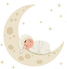 Baby sleeping peacefully on crescent moon with stars around in soft pastel colors vector illustration