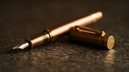 nib. Elegant fountain pen resting on a textured surface, captured from an overhead angle with warm lighting for a sophisticated look. lifestyle magazines.