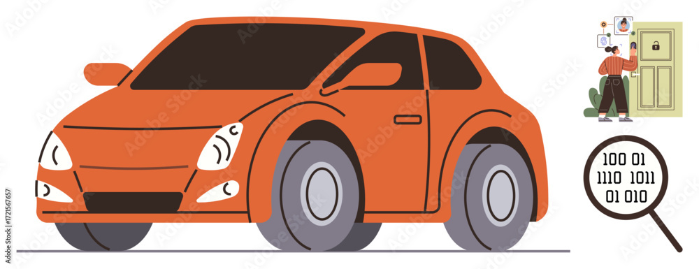 Poster orange car emphasizing digital data and security with a magnified binary code detail and person lock