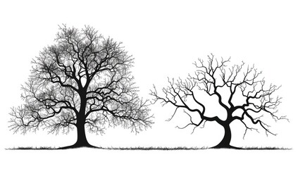 Two stark, leafless trees, one upright and one leaning, are rendered in silhouette against a white backdrop.  Simple line art depicts their bare branches