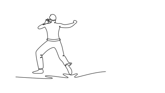 Animated self drawing of continuous line draw two figures engaged in the jinga, the foundational motion of Capoeira, showcasing their readiness to move and interaction. Full length one line animation