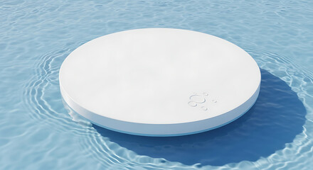 A white circular platform floats on clear blue water with gentle ripples