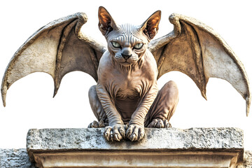Mythical cat gargoyle with dragon wings crouching on stone ledge for fantasy design
