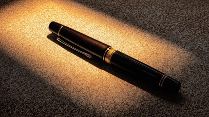 nib. Elegant fountain pen resting on a textured surface, captured from an overhead angle with warm lighting for a sophisticated look. lifestyle magazines.
