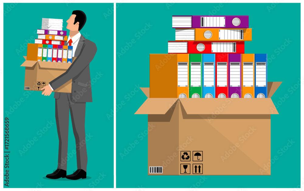 Poster businessman carrying a box with file folders. office move or document archive concept. business relo