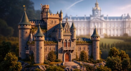Naklejka premium Fairy Tale Castle with Tall Towers and Turrets in Scenic Landscape