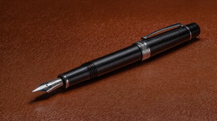 nib. Elegant fountain pen resting on a textured surface, captured from an overhead angle with warm lighting for a sophisticated look. lifestyle magazines.