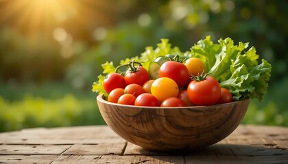A rustic wooden bowl filled with fresh vegetables: red cherry tomatoes, yellow tomatoes, sliced cucumbers, and green lettuce, placed on a wooden table outdoors, natural sunlight with soft warm glow