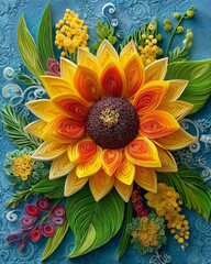 Paper quilling art of a majestic sunflower with layered yellow and orange petals, deep brown coiled center, surrounded by vibrant green quilled leaves