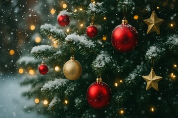 Snow Covered Christmas Tree with Red and Gold Ornaments.