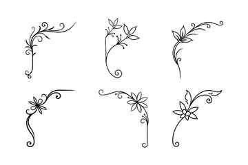 set of floral line corner vector