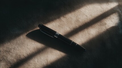 nib. Elegant fountain pen resting on a textured surface, captured from an overhead angle with warm lighting for a sophisticated look. lifestyle magazines.