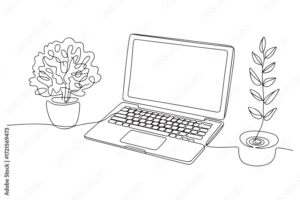 Poster single line continuous drawing of laptop computer minimal outline vector illustration