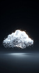 Glowing Particle Cloud Icon on Dark Background with 3D Effect