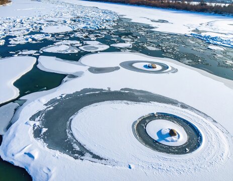 Frozen Lake Surface with Intricate Circular Patterns.