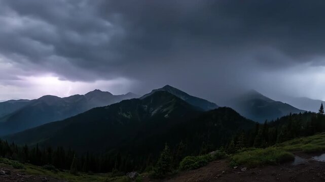 Panoramic timelapse captures a heavy rainstorm sweeping across an expansive, undeveloped mountain range under a brooding sky epic, dynamic, fast motion