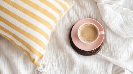 Morning cup of coffee in a cozy interior. Warm start of the day.