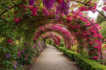 Obraz premium Pathway lined with fuchsia bushes in full bloom