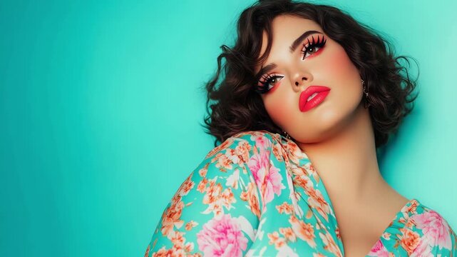 A model with curly hair poses confidently in a floral outfit against a blue background, highlighting her makeup and style