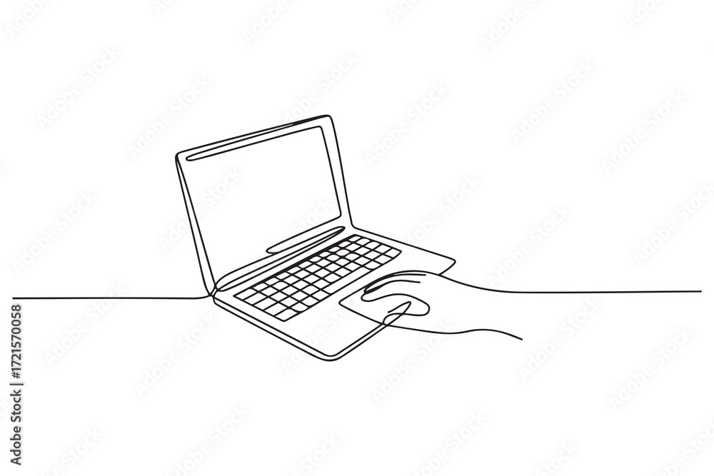 Poster single line continuous drawing of laptop computer minimal outline vector illustration