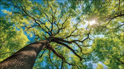 Looking up at a tall tree with sprawling branches and green leaves, sunlight filters through the lush canopy against a bright blue sky