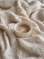 Cup of coffee on knitted fabric. Cozy winter photo with warm atmosphere.