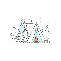 Minimal line art of man sitting near tent, drinking coffee by campfire. Simple outdoor camping vector illustration, ideal for travel, adventure or lifestyle concepts