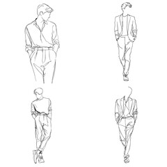Minimal line art sketches of stylish men in casual and formal outfits. Elegant vector illustration perfect for fashion design, branding, magazines or creative projects