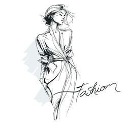 Hand drawn fashion sketch of stylish woman in dress. Minimal black and white line art perfect for fashion design, magazine, boutique or branding projects