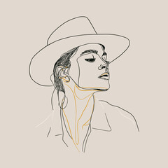 Minimal line art portrait of fashionable woman wearing hat. Elegant hand drawn vector illustration ideal for fashion branding, posters, prints or modern decor