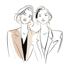 Elegant hand drawn illustration of two fashionable women in blazers with earrings. Minimal line art with soft color accents, perfect for fashion branding, magazines, posters or wall art