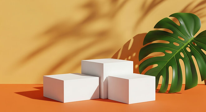 Minimalist white podiums with tropical leaf shadow and orange background, product display concept - Powered by Adobe