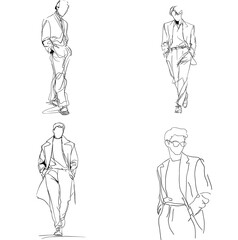 Hand drawn line art sketches of fashionable men in suits and coats. Minimal vector illustration ideal for fashion design, branding, magazines, posters, wall art or boutique promotion