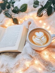 Cup of coffee with a book in a cozy setting. Winter mood and peaceful comfort.