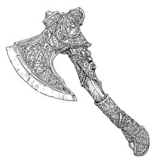 Hand drawn vector illustration of ornate Viking battle axe with decorative engravings. Perfect for fantasy design, games, tattoos, history or medieval themed projects